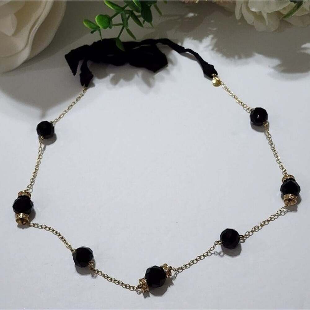 J. Crew Black Faceted Bead Gold Tone Crystal Ribbon Tie Station Necklace